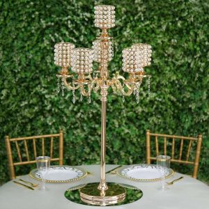 Metal Pearl Beaded Candelabra in Gold 6-Arm with Crystal Chandelier Pendants, Adjustable Table Centerpiece